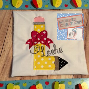 Back to School, Girls Personalized Shirt, Embroidered Shirt, First Day of School, Pencil Letter Applique, Pretty Bow.