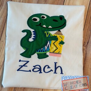 Embroidered Back to School, Boys Personalized Shirt, Dinosaur Applique, First Day of School.