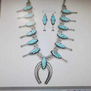 Navajo Turquoise Sterling Silver Squash Blossom Necklace Earring Set