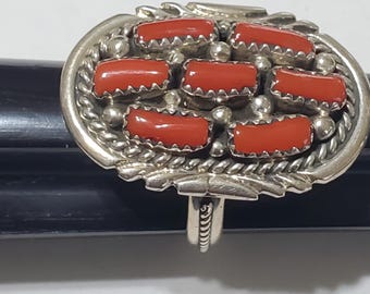 Natural Coral Ladies Ring Sterling Silver Navajo Cluster