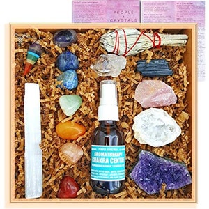 Healing Crystals and Stones Gift Set / Home Cleansing Wellness Box : 7 Chakra tumbles, Pendulum, Natural Amethyst Cluster, Sage, and more