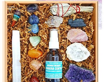 Healing Crystals and Stones Gift Set / Home Cleansing Wellness Box : 7 Chakra tumbles, Pendulum, Natural Amethyst Cluster, Sage, and more