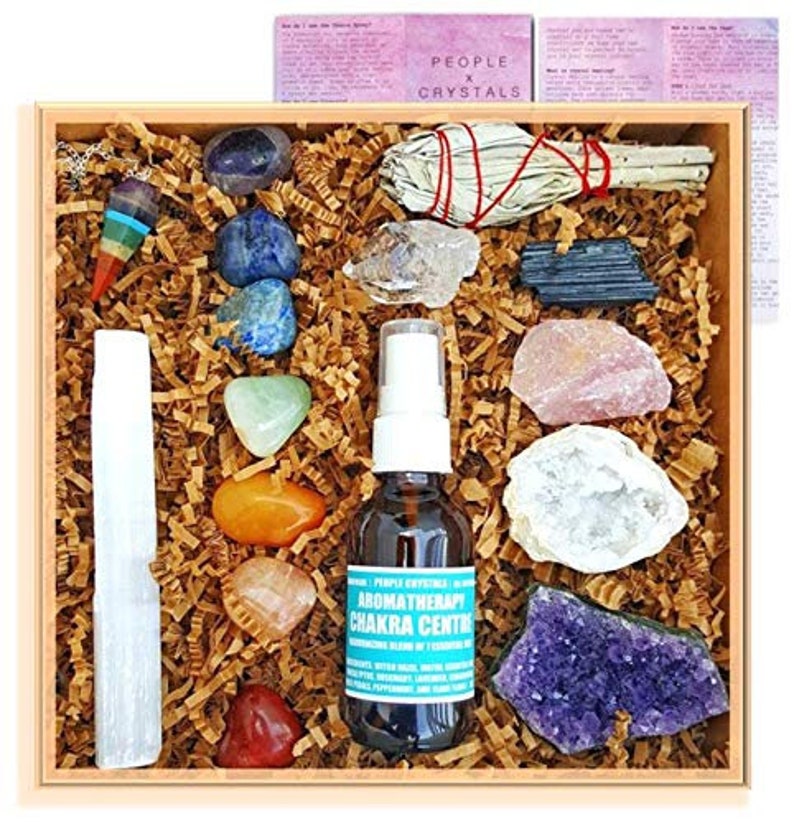 Healing Crystals and Stones Gift Set / Home Cleansing Wellness Box : 7 Chakra tumbles, Pendulum, Natural Amethyst Cluster, Sage, and more 