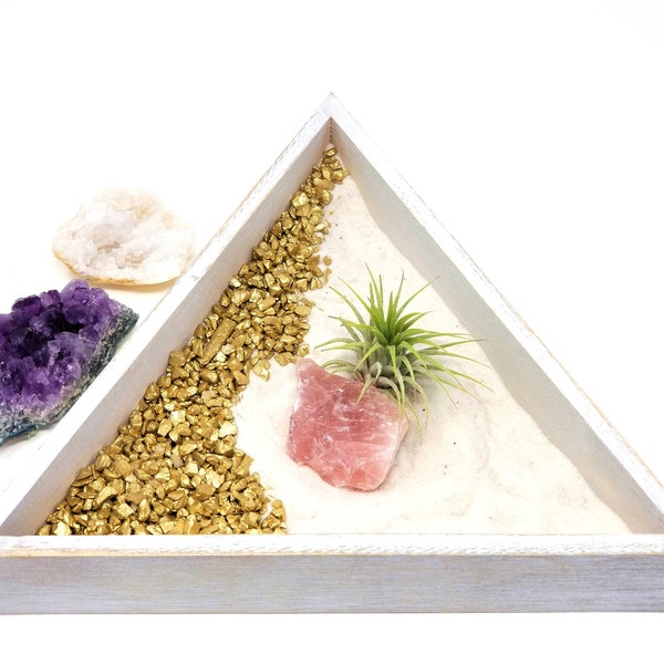 Modern Air Plant Crystal Zen Garden Kit | INCLUDES 3 Natural Crystals, Tillandsia plant, and triangle wood tray