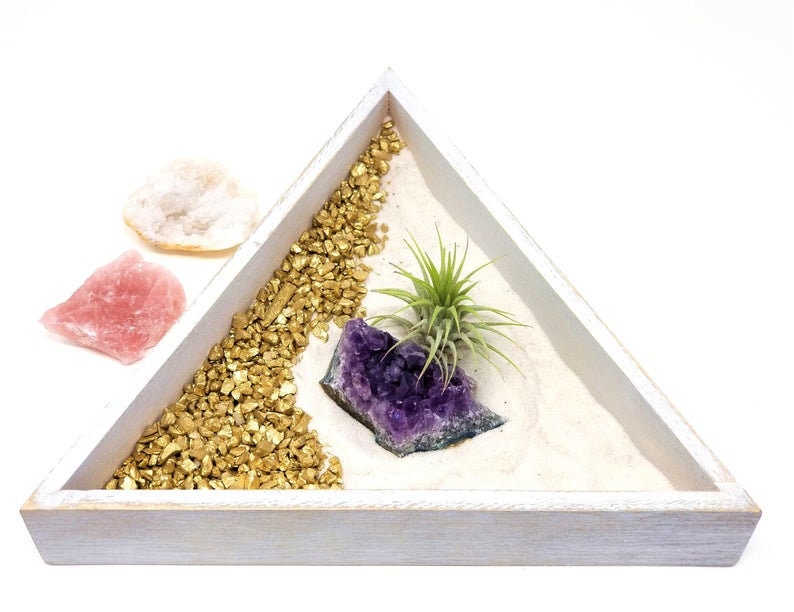 Mini Crystal + Air Plant Gift Set/Includes a 9” Display Shelf, Tillandsia Air Plant, Purple Amethyst Cluster, Raw Rose Quartz, and Geode 