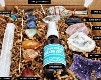 17 pcs Chakra Crystal Healing Kit! / Lot of Chakra tumbles, Amethyst Cluster, Raw stones, Sage, Meditation Spray + more. Gift Set!