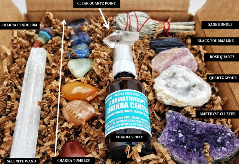 17 pcs Chakra Crystal Healing Kit! / Lot of Chakra tumbles, Amethyst Cluster, Raw stones, Sage, Meditation Spray + more. Gift Set! 