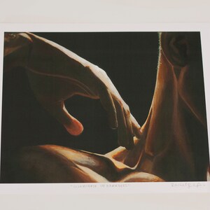 May include: A painting of two hands, one reaching out to touch the other. The hands are illuminated in a dark background, creating a dramatic effect. The painting is titled "Illuminate in Darkness".