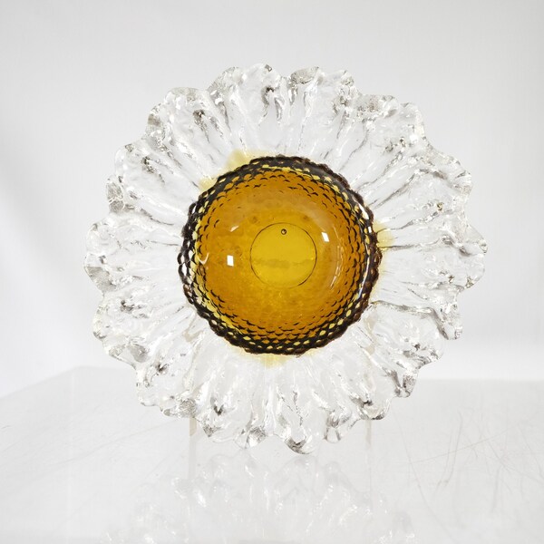 Sunflower art glass bowl / Humppila, Finland, signed Pertti Santalahti amber & clear glass trinket dish / 1970s / Ø8 inches