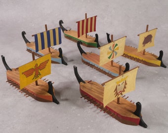 Folk Art toy Viking ships / primitive scratch built wooden sail boats armada / drakkars / French / 20th century