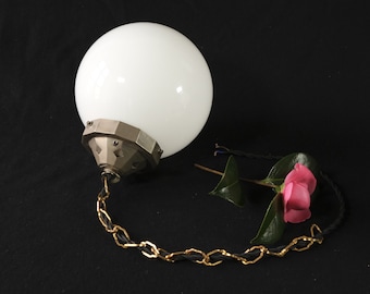 Opaline pendant light / vintage French white glass, chrome mount, and gilt chain / 1950s - 60s / Ø 7 1/2 inches