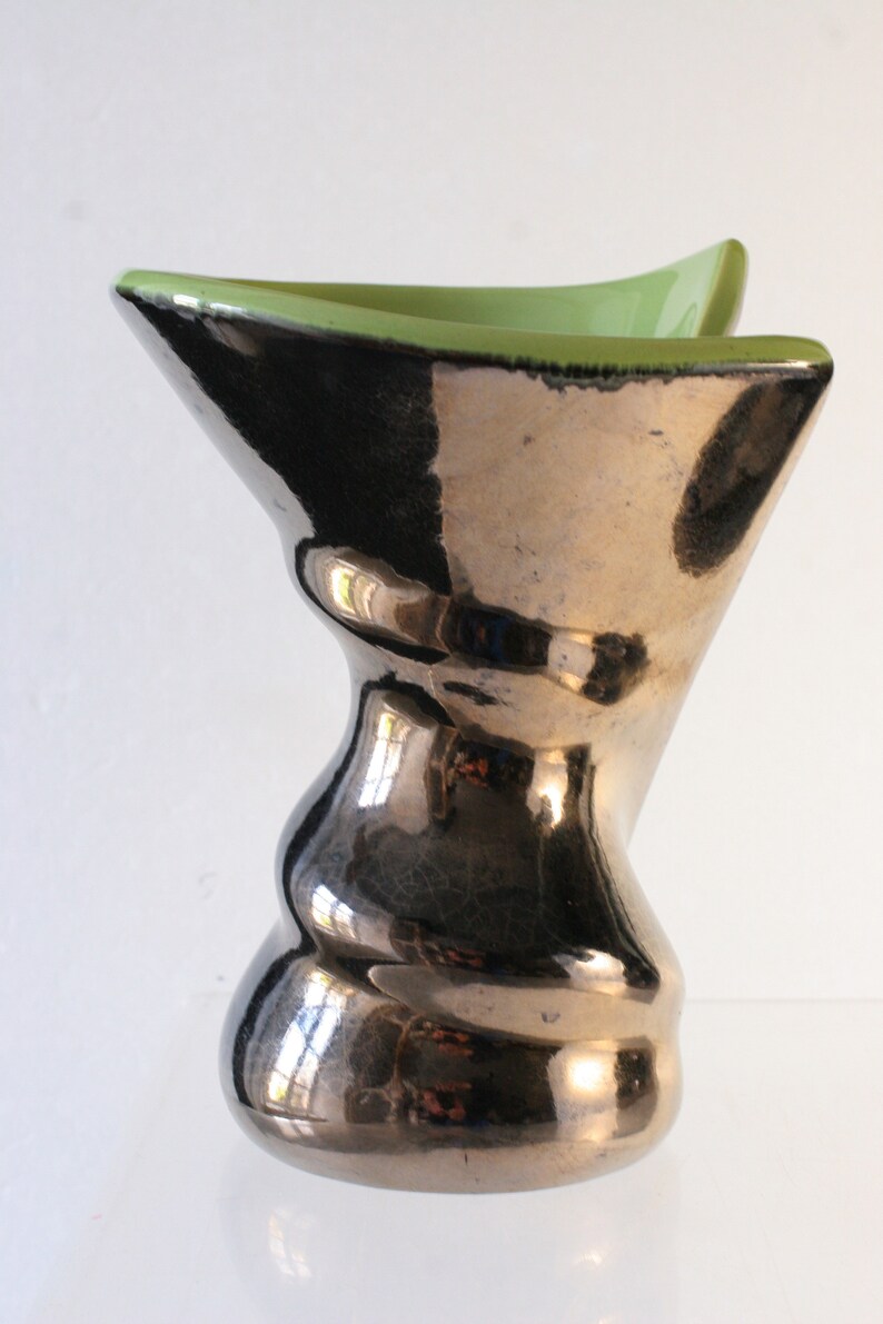Pair of free form vases Atelier Ceramidi 1950s to 60 French irisdescent black /& green crackled glaze vases signed