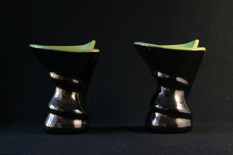 Pair of free form vases Atelier Ceramidi 1950s to 60 French irisdescent black /& green crackled glaze vases signed