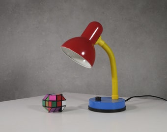 Vintage Gooseneck Desk Lamp, blue, red & yellow, late 80s to 90s desk lamp, back to school nostalgia
