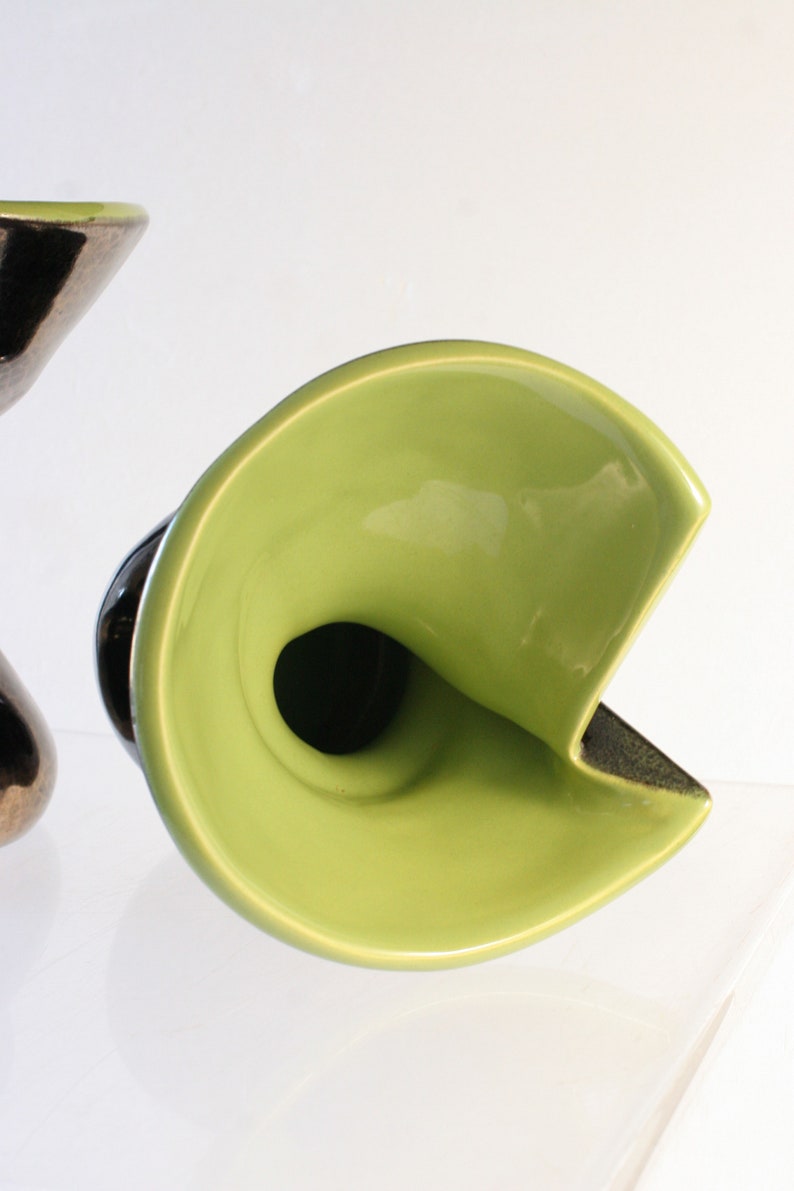 Pair of free form vases Atelier Ceramidi 1950s to 60 French irisdescent black /& green crackled glaze vases signed
