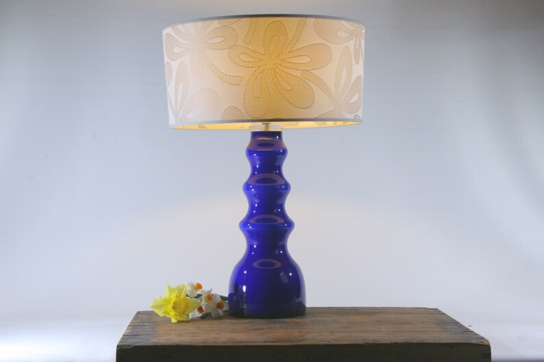 Art Glass Table Lamp Sweden 1970s Johansfors Glasbruk Cobalt Blue Cased Handblown Mid Century Scandinavian Desk