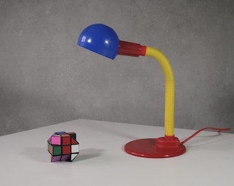 Vintage Gooseneck Desk Lamp, blue, red & yellow, late 80s to 90s desk lamp, back to school nostalgia