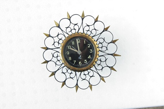 Jaz Wall Clock Sunburst Black Gold 1950s France Jaz Wall Clock Sunburst Black Gold