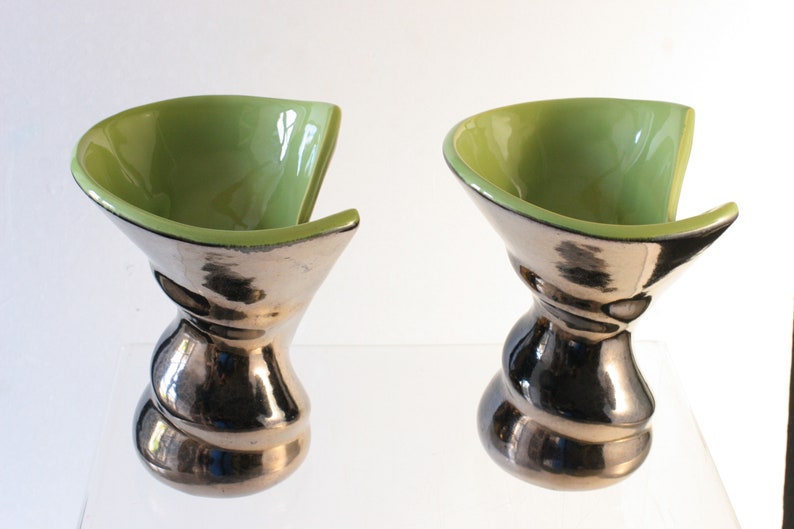 Pair of free form vases Atelier Ceramidi 1950s to 60 French irisdescent black /& green crackled glaze vases signed