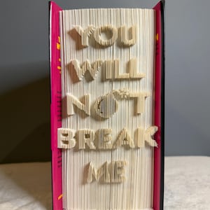 Può includere: Un libro con pagine piegate che creano il testo tridimensionale "YOU WILL NOT BREAK ME" con un'icona a forma di bomba integrata nella lettera O. Il libro ha un dorso rosa brillante e copertine nere, con i bordi della carta bianca che formano il messaggio.