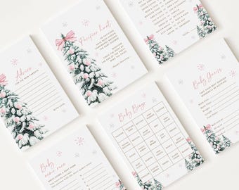 May include: A collection of baby shower game cards. Each card features a watercolor illustration of a Christmas tree with pink ornaments and a bow. The cards include games like "Pacifier Hunt" and "Baby Bingo."