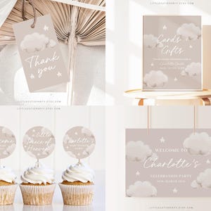May include: A set of printable baby shower decorations with a cloud and star theme. The decorations include a welcome sign, a thank you tag, a cards and gifts sign, and cupcake toppers. The colors are beige and white.