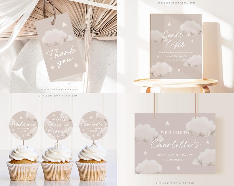 May include: A set of printable baby shower decorations with a cloud and star theme. The decorations include a welcome sign, a thank you tag, a cards and gifts sign, and cupcake toppers. The colors are beige and white.