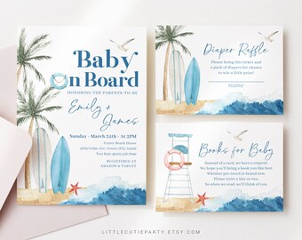 May include: A baby shower invitation with a beach theme. The invitation features a blue and white surfboard, a starfish, and a life preserver. The text on the invitation reads "Baby on Board" and "Emily + James".
