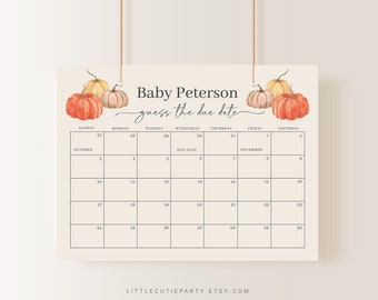 May include: A printable baby shower game with a calendar featuring the months of October and November. The calendar is decorated with watercolor illustrations of pumpkins in shades of orange and pink. The text "Baby Peterson guess the due date" is at the top of the calendar.