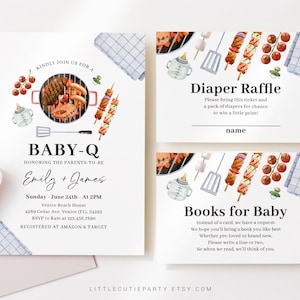May include: A baby shower invitation with a watercolor illustration of a grill, skewers, and other barbecue food. The invitation is for a baby-Q honoring Emily and James. The invitation includes the date, time, and location of the event, as well as the RSVP information. The invitation also includes information about a diaper raffle and a request for books for the baby.