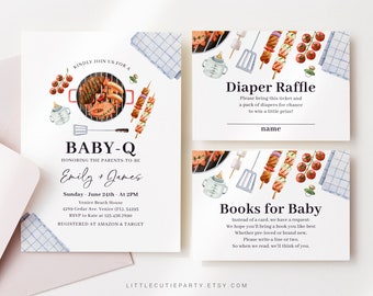 Editable Baby Q Invitation, BabyQ Baby Shower Invite, Barbeque Baby Shower with Diaper Raffle, Books for Baby and Gift Tag BBQBS001