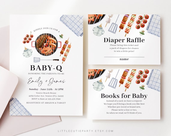 Editable Baby Q Invitation, BabyQ Baby Shower Invite, Barbeque Baby Shower with Diaper Raffle, Books for Baby and Gift Tag BBQBS001