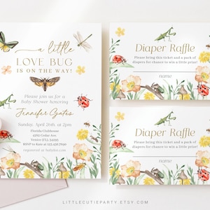 Editable Little Love Bug Baby Shower Invitations Template, Little Love Bug On the Way Invite Diaper Raffle, Books for Baby and Tag LVBBS001