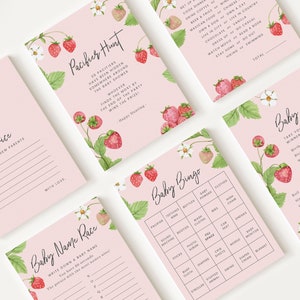 10 Editable Strawberry Baby Shower Games, Baby Shower Games Bundle, Gender Neutral Party Games STRWBS001
