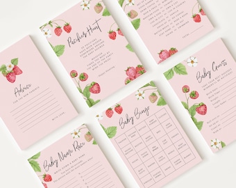 Bundel met aardbeien-babyshowerspellen, bewerkbare gezelschapsspellen (digitale download) STRWBS001