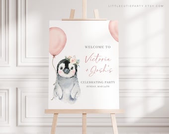 May include: Welcome to Victoria & Josh's Celebrating Party, Sunday, Mar 24th. A watercolor illustration of a penguin wearing a floral crown and holding a pink balloon.