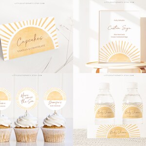 May include: A set of printable baby shower decorations featuring a yellow sunburst design. The set includes a welcome sign, cupcake toppers, water bottle labels, and a sign that says "Here comes the sun".