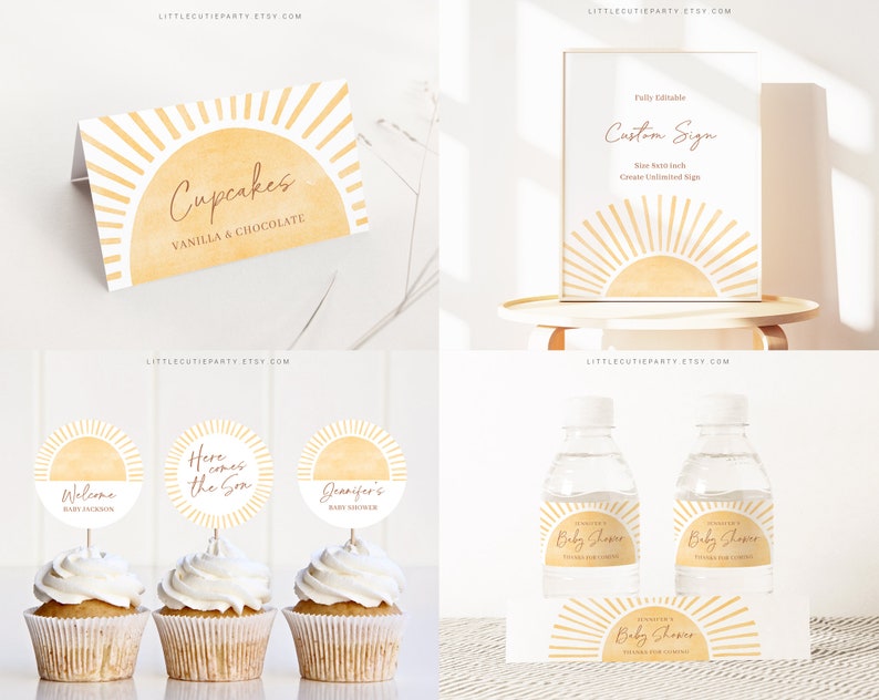 May include: A set of printable baby shower decorations featuring a yellow sunburst design. The set includes a welcome sign, cupcake toppers, water bottle labels, and a sign that says "Here comes the sun".