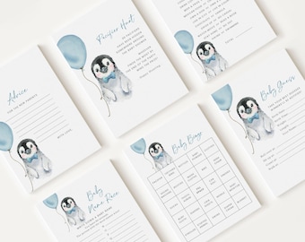 10 giochi modificabili per baby shower a tema pinguino blu, pacchetto di giochi per baby shower per maschietti, set di giochi neutri per baby shower a tema pinguino PENGBS002