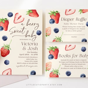 Redigerbar söt babyshowerinbjudan med bär, babyshowerinbjudningar med bär, lotteri med blåbär och jordgubbar för blöjor, böcker för baby och tagg BRSBS001