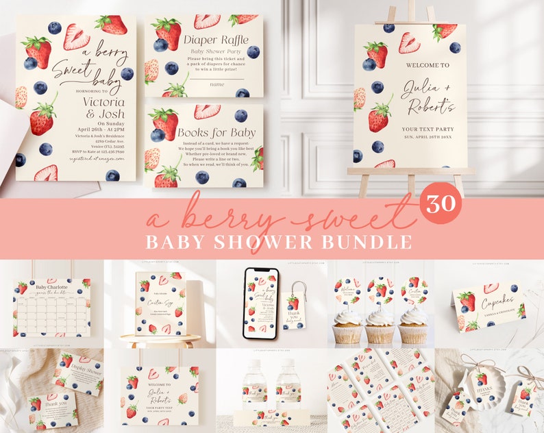 May include: A berry sweet baby shower printable bundle with 30 pieces. The bundle includes invitations, welcome sign, diaper raffle tickets, books for baby cards, cupcake toppers, and more. The design features watercolor illustrations of strawberries, blueberries, and leaves on a cream background.