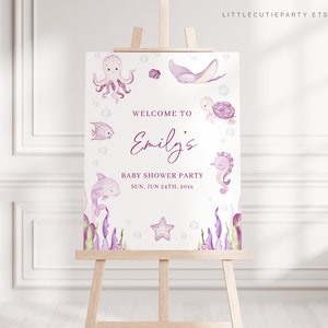 Editable Pink Under the Sea Girl Baby Shower Welcome, Ocean Baby Shower Welcome Sign, Baby Shower Sign Decorations OCNPBS001