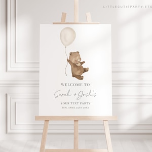 Bearbeitbares Bearly Wartezeit-Willkommensschild, Bearly Wartezeit-Babyparty-Kulisse, Willkommenstafel, Geschlechtsneutrale Bär-Babypartydekoration BRWBS001
