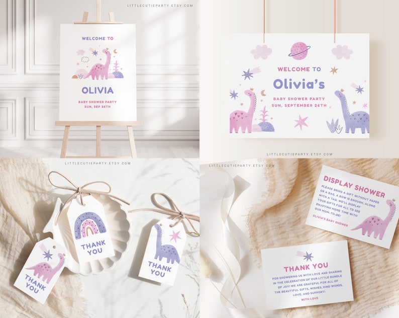 Editable Baby Girl Dinosaur Baby Shower Bundle, Pink Dinosaur Baby