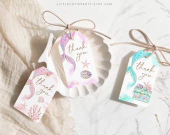 Redigerbara sjöjungfru-duschgåvor, tackgåvoetikett, 3 tacketiketter för sjöjungfru-babyshowerfest MRMBS001