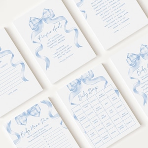 10 Editable Blue Bow Baby Shower Games, Blue Ribbon Baby Shower Games Bundle, Baby Boy Baby Shower Party Games BBWBS001