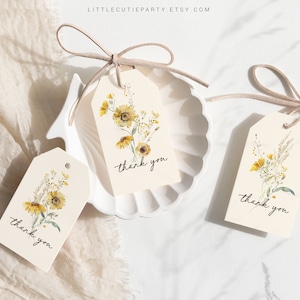 Bewerkbare zonnebloem baby gunst tags, baby shower gunsten, dank u tag voor zonnebloem baby shower partij SUNFBS001