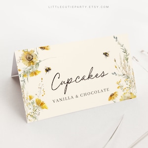Etiquetas editáveis de comida de mamãe para abelha, cartões de barraca de comida, etiquetas de comida, cartões de comida dobrados para festa de chá de bebê de abelha MBEEBS001, BEEGR001