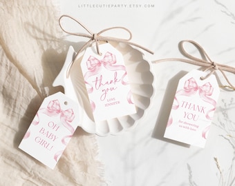 Editable Pink Bow Baby Shower Favor, Thank You Favor Tag, Thank you Tags, Gift Tag for Pink Ribbon Baby Shower Decorations PBWBS001