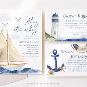 May include: Ahoy it's a boy baby shower invitation featuring a watercolour illustration of a sailboat on the ocean. The invitation includes the date, time, and location of the shower, as well as the name of the guest of honour, Victoria Cates. The invitation also includes a diaper raffle ticket and a request for books for the baby.